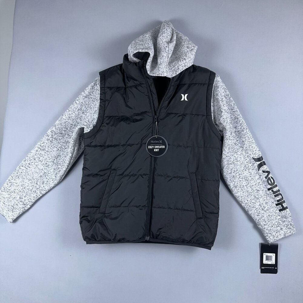 Hurley Puffer Hooded Jacket Boys Size XL Full Zip Puffer Vest knit Sleeves Black